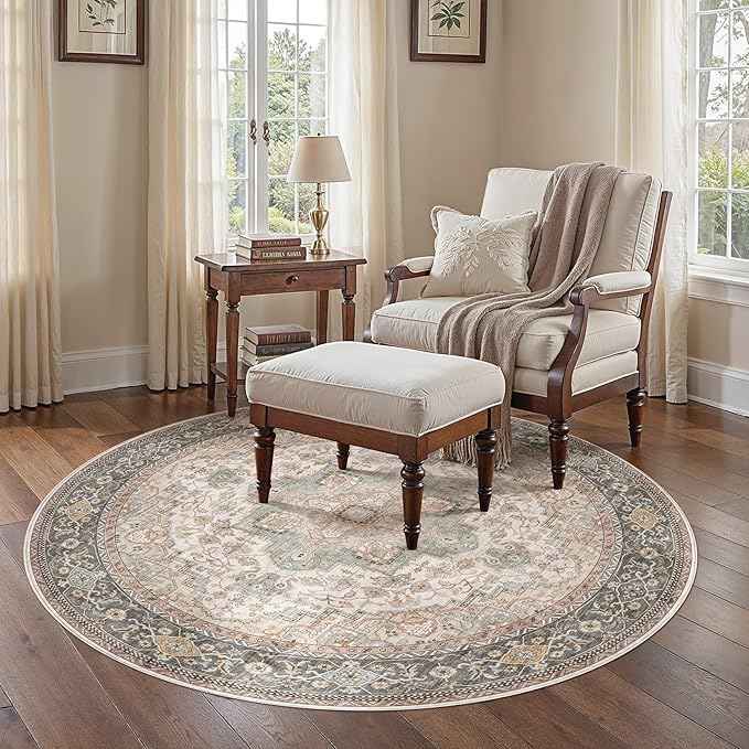 EIEIHOUSE 6ft Round Rugs for Living Room - Washable Neutral Vintage Farmhouse Large Soft Floor Area Rug Indoor Distressed Carpet for Bedroom Dining Room Office - Forest Green Orange