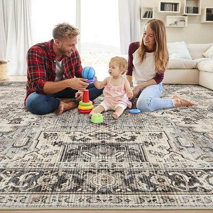 Area Rug for Living Room - 9x12 Soft Machine Washable Oriental Vintage Floral Distressed Large Indoor Floor Carpet for Bedroom Under Dining Table Home Office Decor - Brown