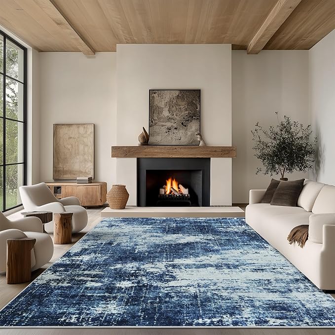 9x12 Area Rug Living Room Rugs - Washable Rug Large Modern Abstract Soft Thin Carpets Indoor Floor No Slip Vintage Carpet for Bedroom Under Dining Table Nursery Home Office Decor Deep Blue