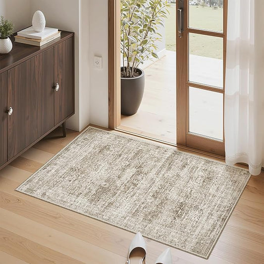 Soalmost 2x3 Washable Rugs for Kitchen, Floor, Entryway, Powder Room Small Area Rug Non-Slip Vintage Low Pile Throw Door Mat Brown