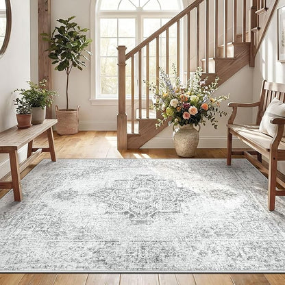 5x7 Area Rugs for Living Room, Washable Vintage Boho Medallion Rug Non Slip Low Pile Floor Carpet for Bedroom Nursery Dining Room (Grey, 5'x7')