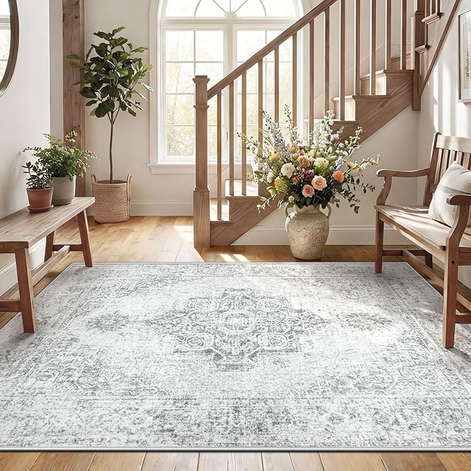 6x9 Area Rugs for Living Room, Washable Vintage Boho Medallion Rug Non Slip Low Pile Floor Carpet for Bedroom Nursery Dining Room (Grey, 6'x9')