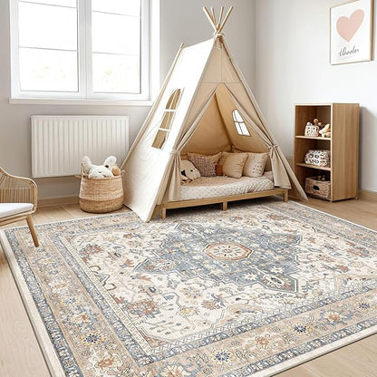 Square Rug 8x8 Living Room: Washable Boho Large Neutral Vintage Soft Rugs Stain Resistant Distressed Farmhouse Non-Slip Indoor Floor Carpet for Bedroom Nursery Kids Office Dining Room- Beige Blue