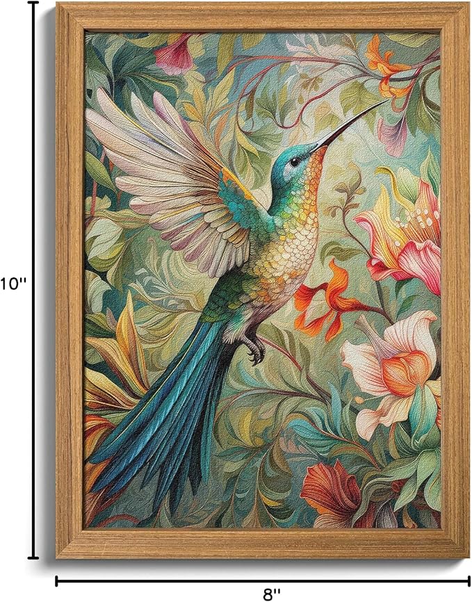 Framed Vintage 3D Textured Wall Art - Colorful Hummingbird Floral Wall Decor - Hand Painted Sandstone Nature Botanical Picture for Living Room Bedroom Home Decor 8x10 inch