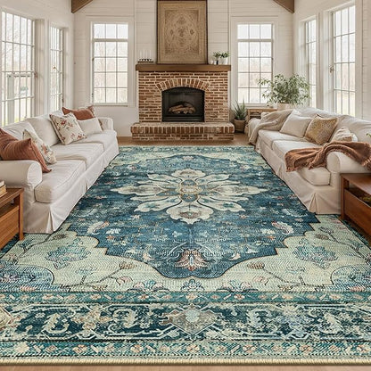 RELEANY Area Rugs 10'x14' Washable Non-Slip, Floral Vintage Distress Print Pattern Medallion Carpet for Living Room Bedroom Dining Room, Dark Blue Vintage