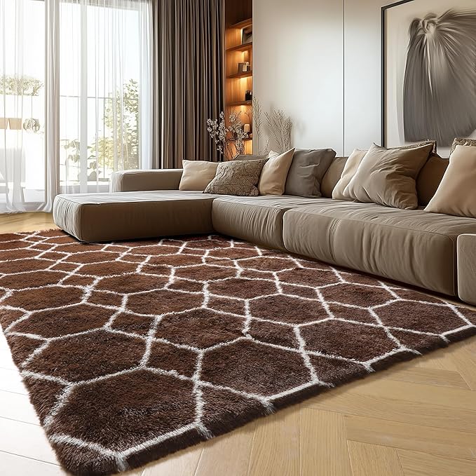 ONASAR 6x9 Area Rugs for Living Room Bedroom, Large Fluffy Brown and White Throw Rug, Geometric Soft Plush Shaggy Fuzzy Floor Carpet for Nursery Kids Girls Boys Teen Dorm Home Office Decor
