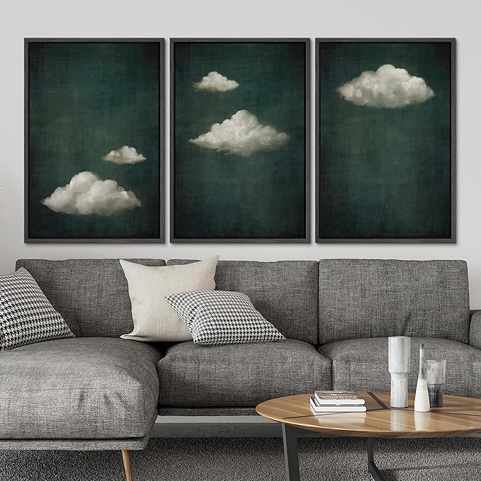 SIGNLEADER Framed Canvas Print Wall Art Set Vintage Cloudscape Dreamy Green Sky and Clouds Illustrations Boho Decorative for Living Room, Bedroom, Office - 24"x36"x3 Black