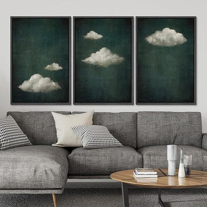 SIGNLEADER Framed Canvas Print Wall Art Set Vintage Cloudscape Dreamy Green Sky and Clouds Illustrations Boho Decorative for Living Room, Bedroom, Office - 24"x36"x3 Black