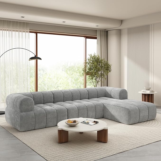 GDFStudio 122" Modern L-Shaped Sectional Sofa with Chaise Lounge,Skin-Friendly Fully Compressed Sponge Couch,High-Density Foam Cushions,Right Hand Facing,Lounge Seating for Living Room,Gray