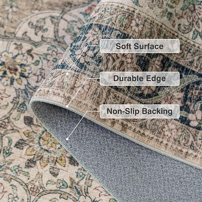 FMFUNCTEX 8x10 Brown Washable Area Rug Vintage Distressed Oriental Non Slip Low Pile Neutral Indoor Carpet for Living Room Bedroom Soft Retro Floral Thin Large Rug for Dining Nursery Office Dorm