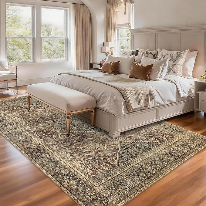 Washable 5x7 Area Rug: Vintage Brown Rugs for Living Room Bedroom Dining Room Office Indoor - Soft Non-Slip Large Carpet Home Decor - Oriental Dark Brown