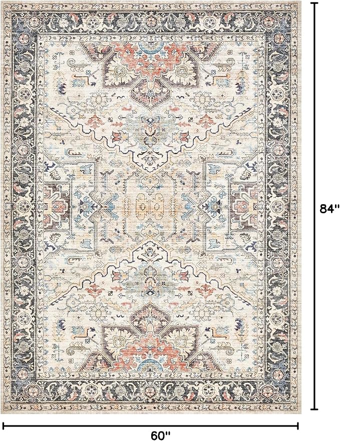 Area Rug 5x7 for Living Room - Washable Oriental Vintage Floral Distressed Large Indoor Carpets with Non Slip Back for Bedroom Dining Room Nursery Office Home Decor -Multi
