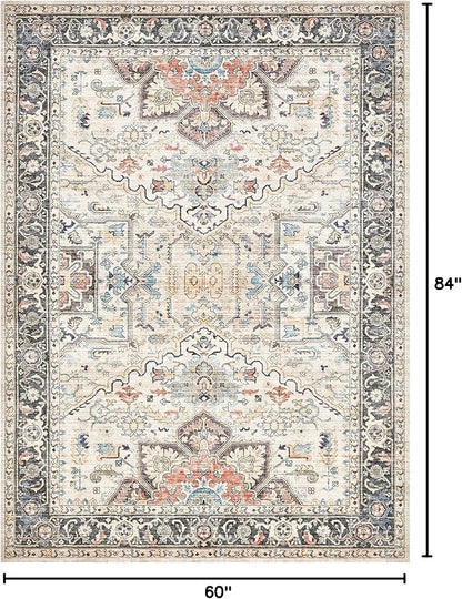 Area Rug 5x7 for Living Room - Washable Oriental Vintage Floral Distressed Large Indoor Carpets with Non Slip Back for Bedroom Dining Room Nursery Office Home Decor -Multi