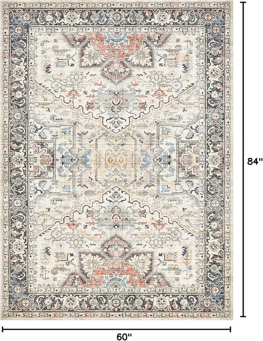 Area Rug 5x7 for Living Room - Washable Oriental Vintage Floral Distressed Large Indoor Carpets with Non Slip Back for Bedroom Dining Room Nursery Office Home Decor -Multi