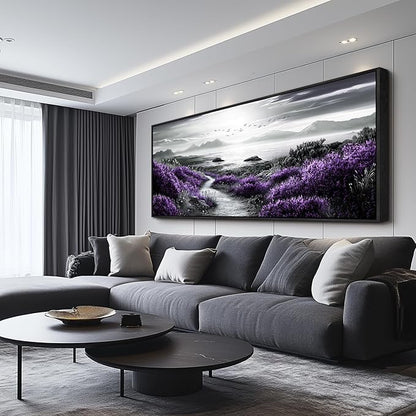 FUHAIHUA Canvas Wall Art For Living Room Wall Decor For Bedroom Office Wall Decoration Purple Flowers Landscape Painting Black And White Pictures Artwork Room Aesthetic Home Decor 32x72 In