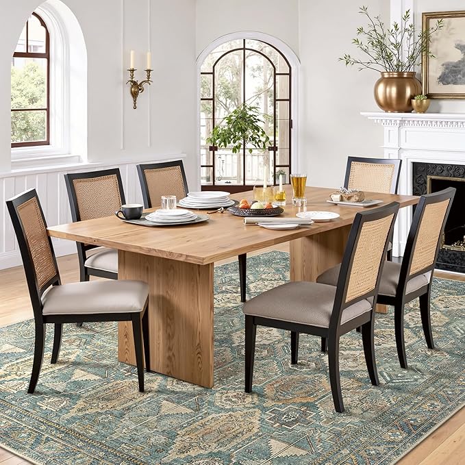 Bavni Washable Rug 8x10 Area Rug for Living Room Bedroom Dining, Washable Vintage Print Carpet, Ultra-Thin Low Pile Lightweight Rug with Non Slip Backing, Teal