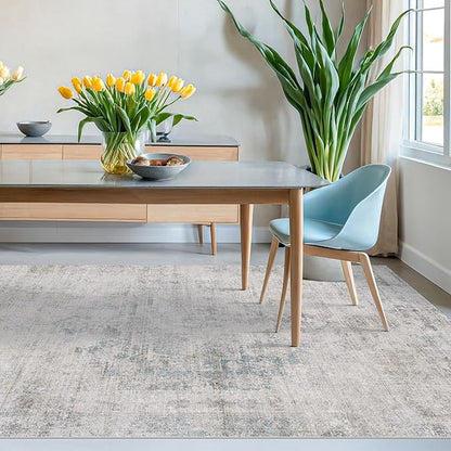 Hazo Haus Blue Farmhouse Area Rug for Bedroom - 7x9 Washable Rug for Dining Room Table, Ultra-Thin Soft Textured Boho Abstract Blue and Gray Indoor Decor, Fade & Stain Resistant