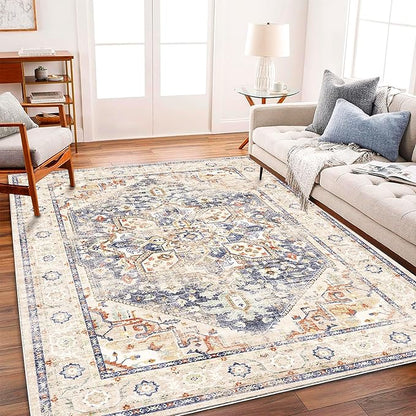 CHAMPLANT Area Rug 6'x9' Blue Khaki Washable Vintage Traditional Floor Cover Thin Retro Kitchen Indoor Distressed Non Slip Carpet Floral for Living Room Bedroom Dining Room
