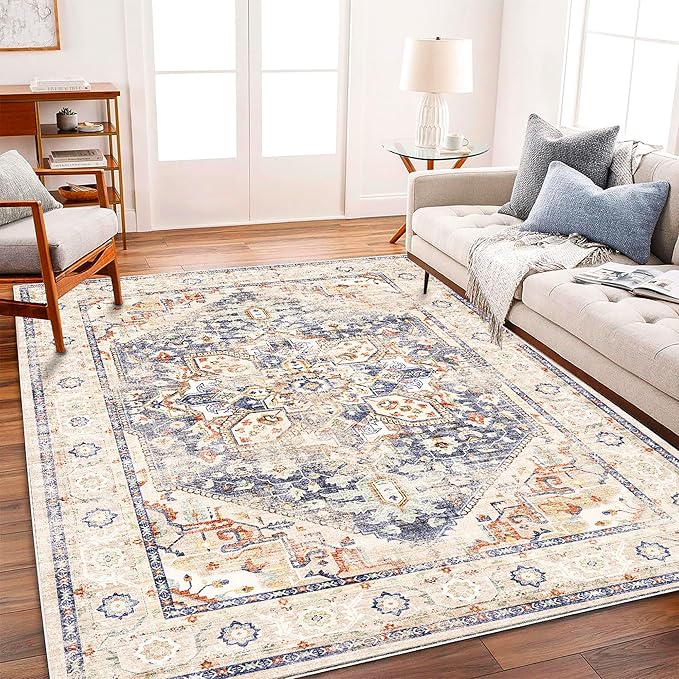 CHAMPLANT Washable Area Rug 8'x10' Blue Khaki Retro Boho Design Non-Shedding Non-Slip Easy Care Ideal for High Traffic Areas in Living Room Bedroom Office Coffee Table Kitchen Large Carpet