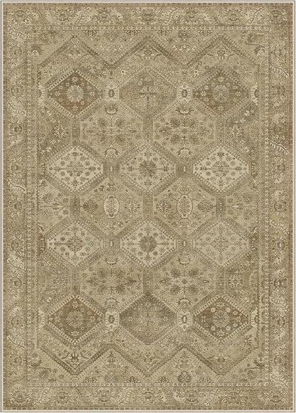 Bavni 8x10 Area Rug Washable Rug for Living Room Bedroom, Vintage Print Carpet, Low Pile Lightweight Mat with Non Slip Backing, Light Brown
