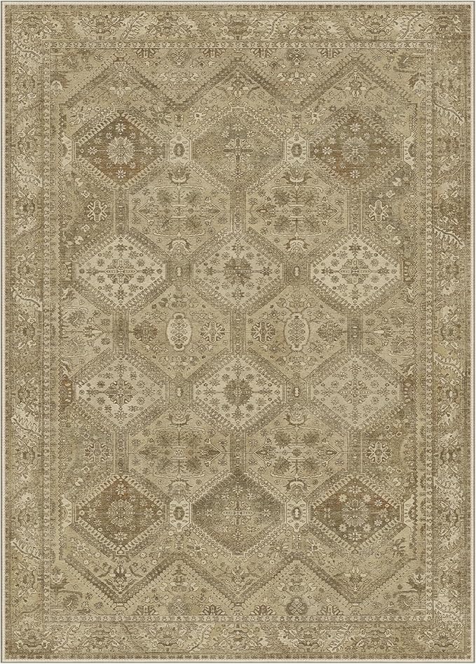 Bavni 6x9 Area Rug Washable Rug for Living Room Bedroom, Vintage Print Carpet, Low Pile Lightweight Mat with Non Slip Backing, Light Brown