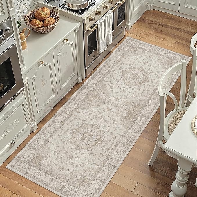 PureCozy Beige Runner Rug 2x6 Washable Vintage Long Carpet for Hallway Kitchen Soft Retro Low Pile Thin Indoor Runner Non Slip Oriental Medallion Throw Rug for Bathroom Bedroom Laundry Dining Room