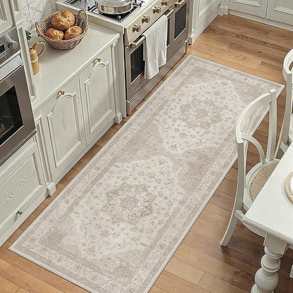 PureCozy Beige Runner Rug 2x6 Washable Vintage Long Carpet for Hallway Kitchen Soft Retro Low Pile Thin Indoor Runner Non Slip Oriental Medallion Throw Rug for Bathroom Bedroom Laundry Dining Room