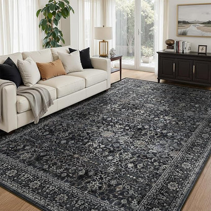 Living Room Rugs 6x8, Vintage Dark Area Rugs for Bedroom Dining Room, Washable Non Slip Low Pile Thin Carpet Rug for Guest Room Home Office, Farmhouse Distressed Midnight