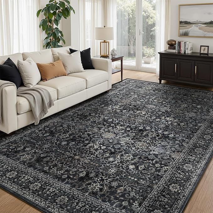 Dark 7x10 Rugs for Living Room, Vintage Farmhouse Area Rug for Bedroom Dining Room, Low Pile Thin Washable Non Slip Room Carpet Rug for Home Office Family Room Guest Room