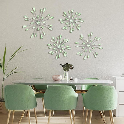 Hicarer 4 Pcs Starburst Wall Decor Bling Wall Art Crystal Teardrop 3D Hanging Rhinestone Radial Metal Artwork Modern Accent Sculptures Decorations for Living Room Home Office Bedroom(Green)