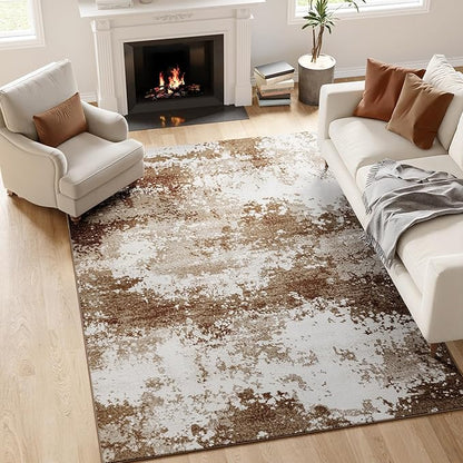 Brown Washable Rug 6x9 Area Rugs for Living Room Bedroom Carpet, Indoor Vintage Abstract Boho Large Rug Non Slip Faux Wool Rugs for Dorm, Dining Room Table, Nursery, Kids Playroom, Coffee