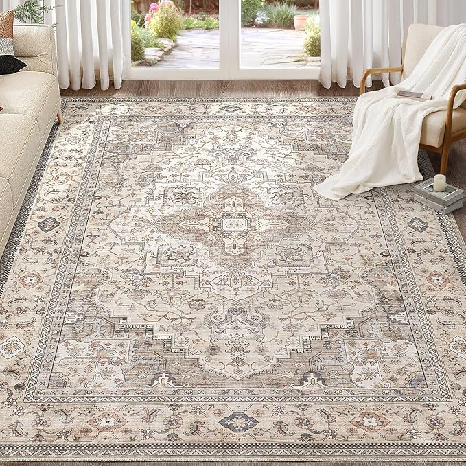 EIEIHOUSE Washable Area Rugs for Living Room -7x10 Neutral Vintage Distressed Floral Farmhouse Boho Large Soft Floor Rug Indoor Non Slip Carpet for Living Room Bedroom Dining Room Office-Brown/Multi