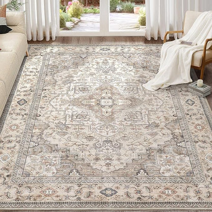 EIEIHOUSE Washable Area Rugs for Living Room -7x10 Neutral Vintage Distressed Floral Farmhouse Boho Large Soft Floor Rug Indoor Non Slip Carpet for Living Room Bedroom Dining Room Office-Brown/Multi