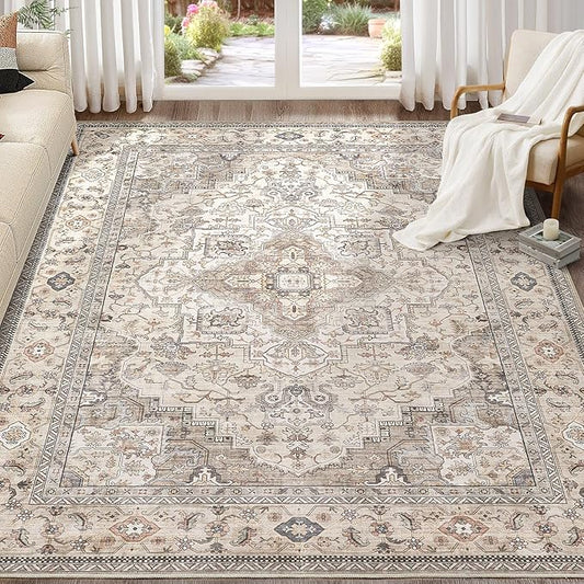 EIEIHOUSE Washable Area Rugs for Living Room -7x10 Neutral Vintage Distressed Floral Farmhouse Boho Large Soft Floor Rug Indoor Non Slip Carpet for Living Room Bedroom Dining Room Office-Brown/Multi