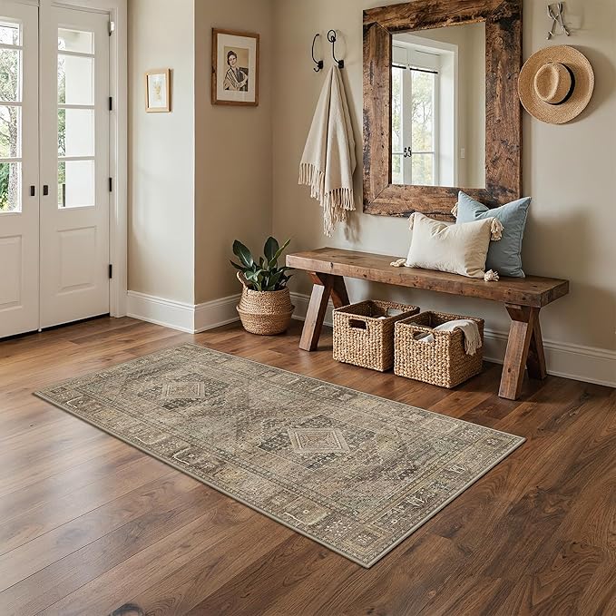 GENIMO Runner Rug 2x5 Non Slip Machine Washable Hallway Vintage Runner Rug, Lightweight Low Pile Rugs for Entryway, Hallway, Kitchen and Corridor, Chestnut Tan