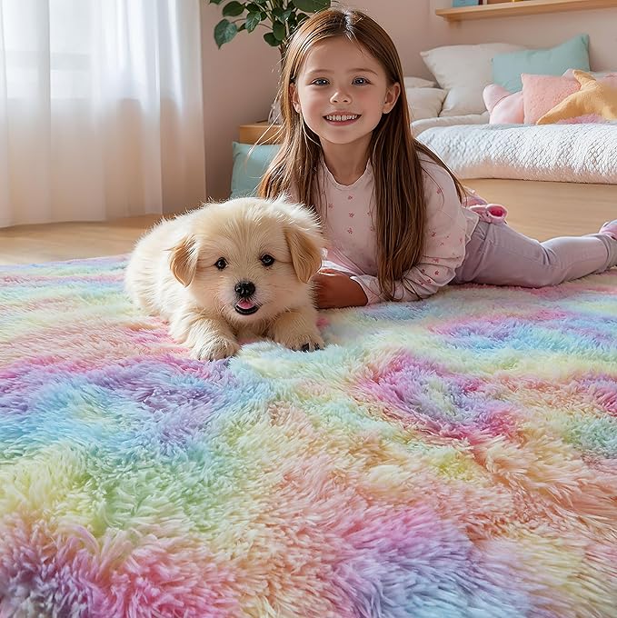 KICHOWUA Area Rug 5x7 Rainbow Fluffy Shag for Girls Bedroom,Ultra Soft Unicorn Plush Fuzzy Washable Thickened Non-Slip Carpet, Pastel Furry Shaggy Rug for Living Room Kids Boys Nursery Dorm