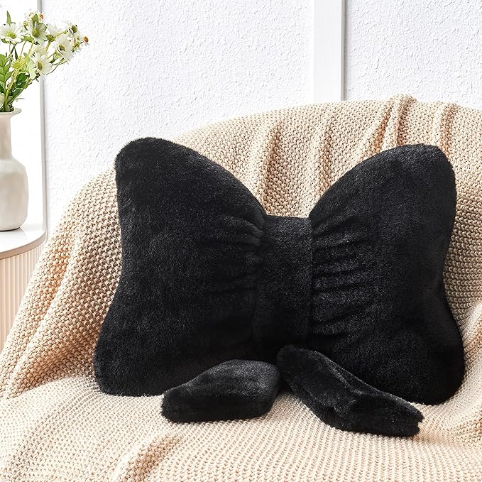 Black Bow Pillow,16'' Bow Decorative Pillows with Faux Rabbit Fur,Soft Bow Throw Pillows Aesthetic Bow Shaped Pillow for Bed Sofa Couch Home Decor