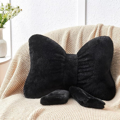 Black Bow Pillow,16'' Bow Decorative Pillows with Faux Rabbit Fur,Soft Bow Throw Pillows Aesthetic Bow Shaped Pillow for Bed Sofa Couch Home Decor