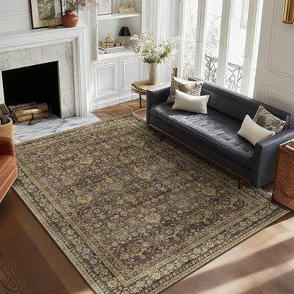 Washable 5x7 Area Rugs for Living Room, Boho Non-Slip Vintage Rugs for Bedroom Dining Room Nursery Office, 0.3" Neutral Oriental Throw Thin Carpet with Cushioning, Red/Brown/Multi, C4