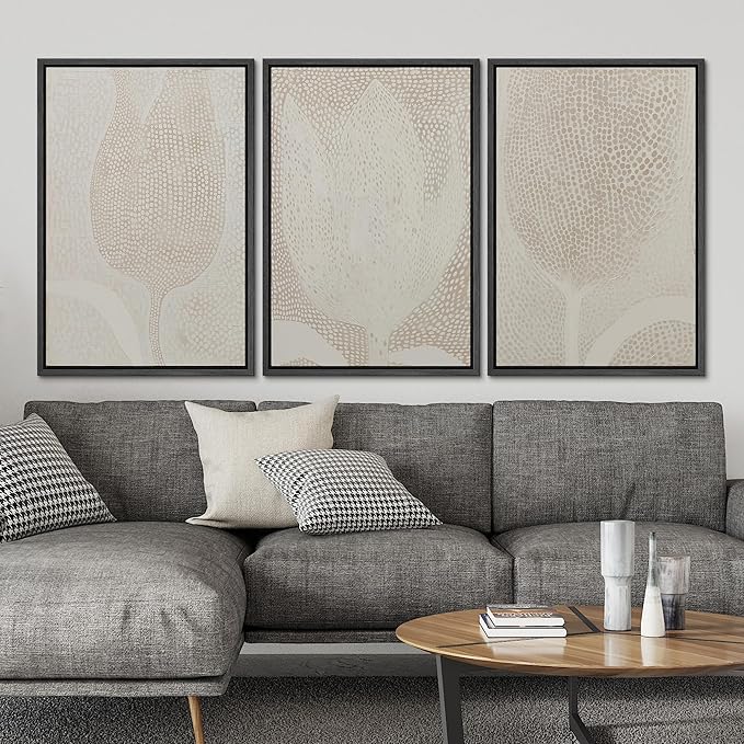SIGNLEADER Framed Canvas Print Wall Art Set Neutral Beige Tulip Subtle Dot Pattern Illustrations Minimal Decorative Bohemian Nordic for Living Room, Bedroom, Office - 24"x36"x3 BLACK