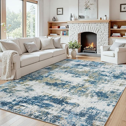Area Rug 5x7 Living Room Rug Washable: No-Slip Abstract Soft Thin Large Blue Rugs, Indoor Floor Stain Resistant Modern Carpet for Bedroom Dining Room Farmhouse Nursery Home Office (Blue, 5'x7')