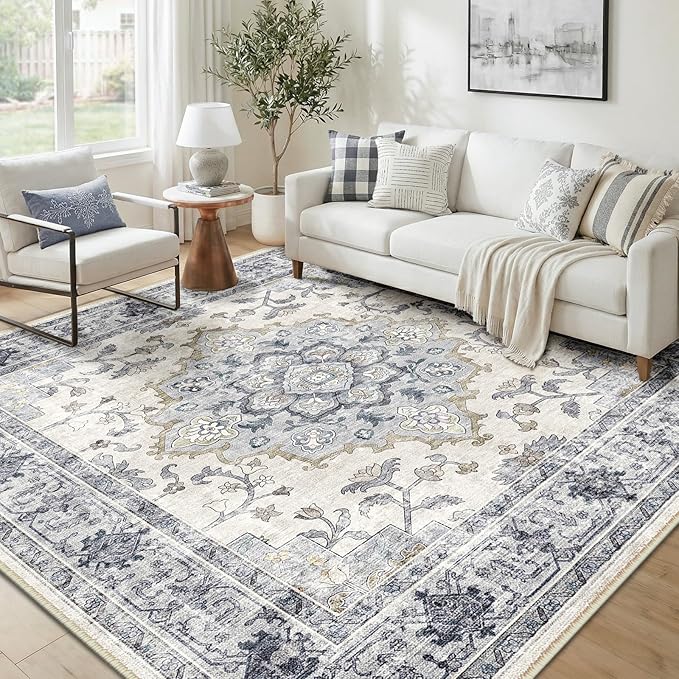 CAPALOCA Machine Washable Rugs Nursery Rug 9x12 Area Rugs Girl Non Slip Low Pile Water Repellent Soft Print Pattern for Bedroom Indoor Decor Kids Playroom Blue White