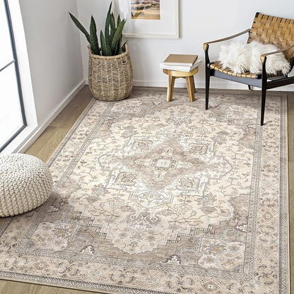 EIEIHOUSE Washable Area Rugs for Living Room - 6x9 Neutral Vintage Distressed Floral Farmhouse Boho Large Soft Floor Rug Indoor Non Slip Carpet for Bedroom Dining Room Office - Brown/Multi
