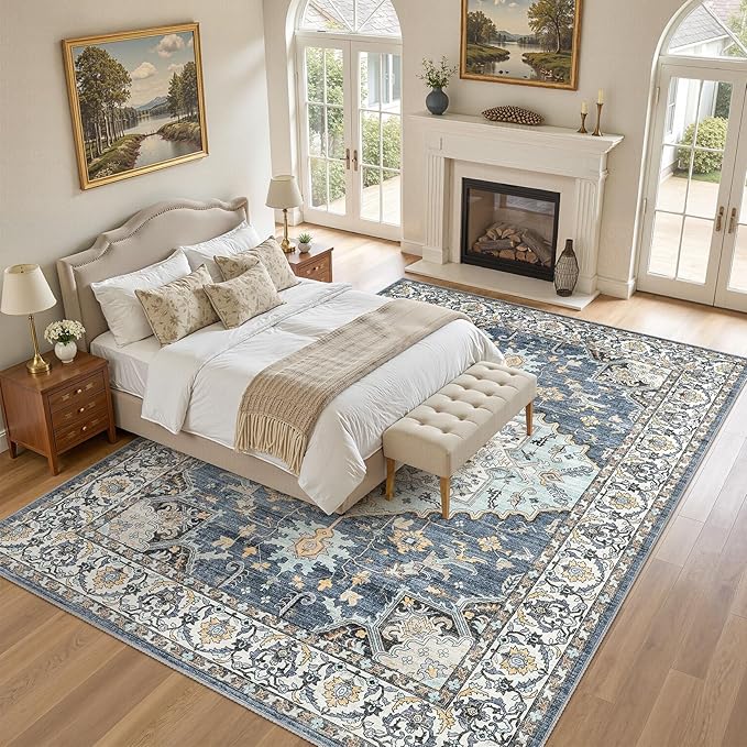 10x14 Washable Area Rugs for Living Room: Non Slip Vintage Blue Yellow Rug, Large Soft Stain Resistant Indoor Floor Carpets for Bedroom Dining Room Nursery Home Office Kid & Pet Friendly