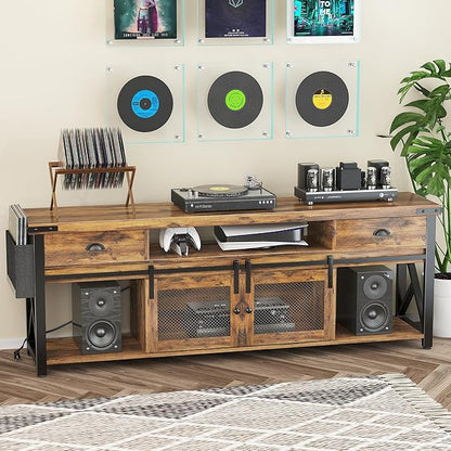 TV Stand for TV up to 75 Inches,Farmhouse Entertainment Center with 2 Drawers & Storage Cabinets, Industrial Media Console Table with Small Speaker Stand for Living Room, Bedroom, Rustic Brown