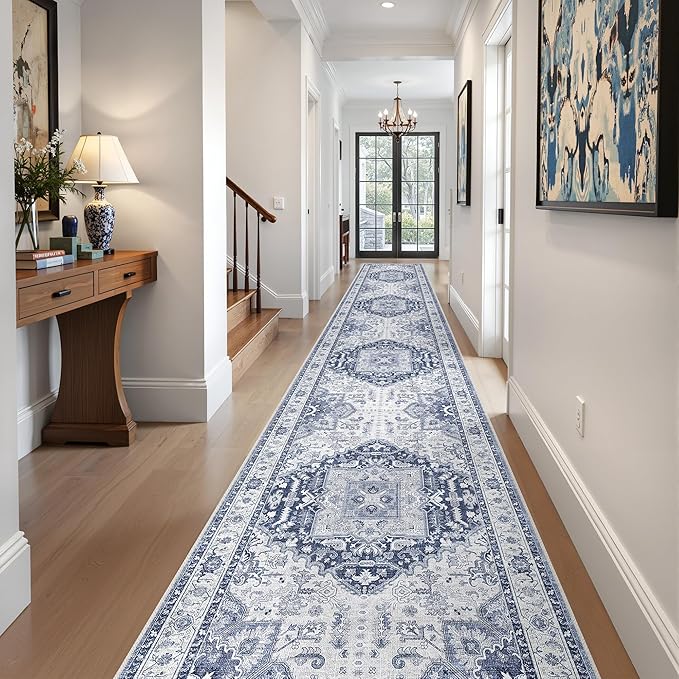 Washable 2.6x16 Hallway Runner Rug - Extra Long Non Slip Vintage Runner Rugs for Kitchen Stain Resistant Indoor Floor Mat Waterproof Carpet for Living Room Entryway Navy/Blue
