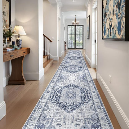 Washable 2.6x16 Hallway Runner Rug - Extra Long Non Slip Vintage Runner Rugs for Kitchen Stain Resistant Indoor Floor Mat Waterproof Carpet for Living Room Entryway Navy/Blue