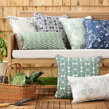 Martha Stewart Modern Banana Leaves Indoor Outdoor Decorative Pillow 2-Pack Set, UV Fade Resistant, Water Repellent, Printed Tropical Design, Warm Grey, 18"x18"