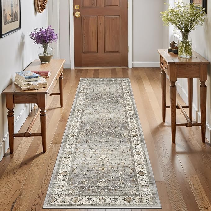 2x8 Washable Hallway Runner Rug - Kitchen Rugs with Non Slip Backing Vintage Soft Farmhouse Entryway Mat for Living Room Laundry Bedroom Bathroom Ivory/Grey