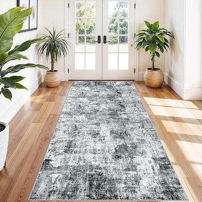 4x10 ft Extra Wide Hallway Rug – Non-Slip Washable Rubber-Backed Large Carpet Runner for Kitchen, Entryway | Modern Abstract, Low-Pile Thin Floor Mat for Bedroom Living Room Dining Room（Grey）
